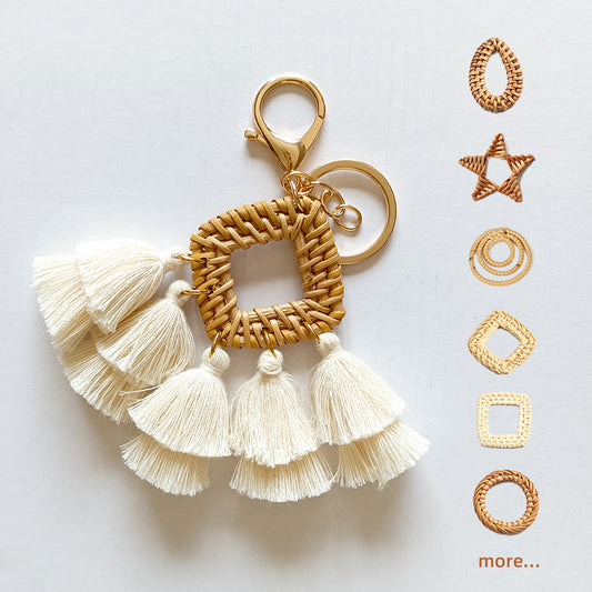 Creative Boho Silicone Beads Macrame Tassel Keychain Custom Natural Rattan Metal Holder Bag Pendant Charm Keychain